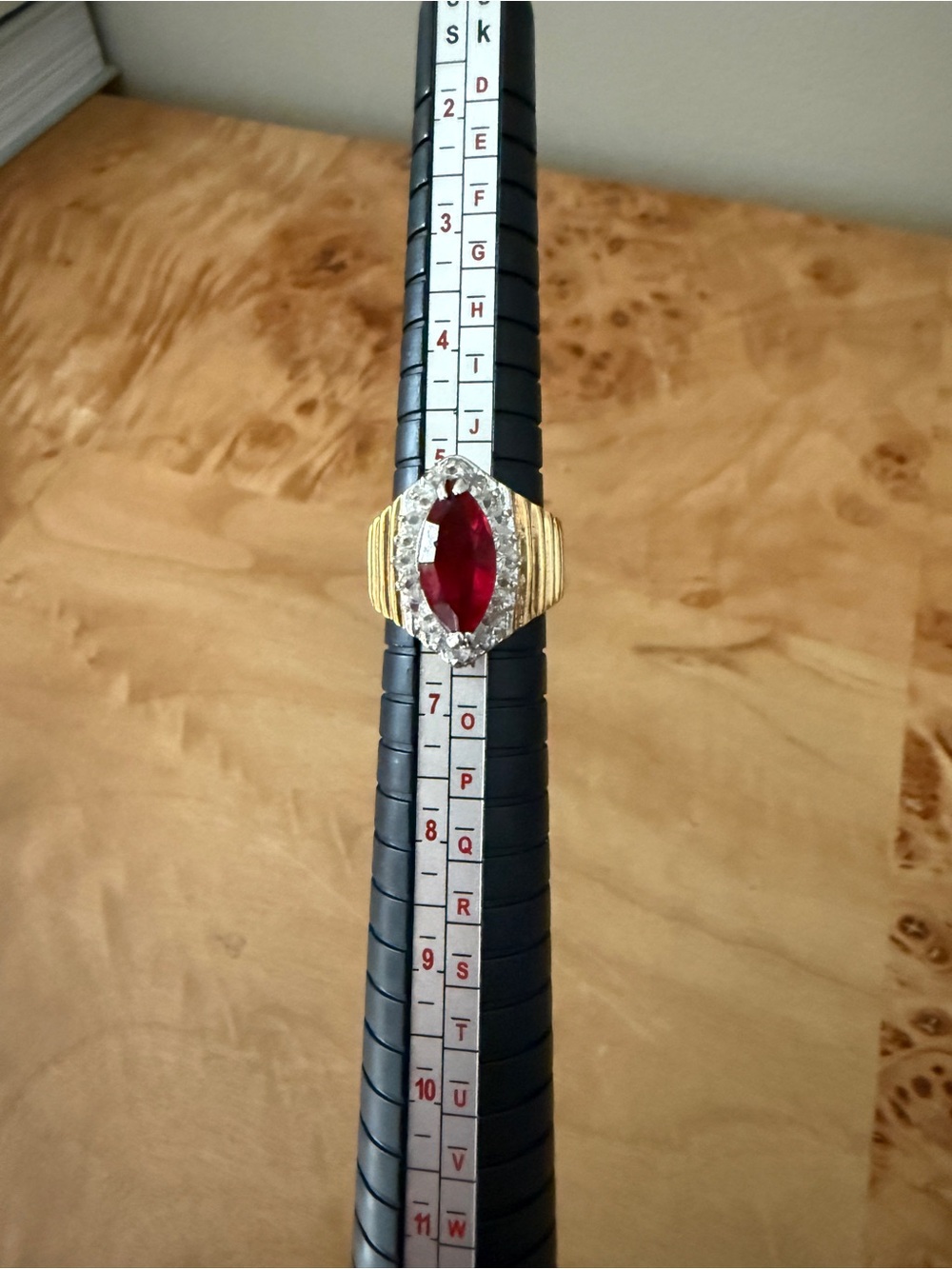 Gold-Tone Ring with Marquise Red Stone and Clear Accents